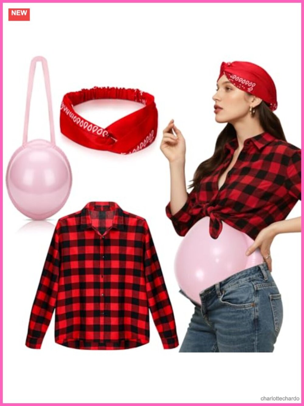 Hillbilly 80s Party Costume Set Plaid Shirt Fake Belly Puff Bandana